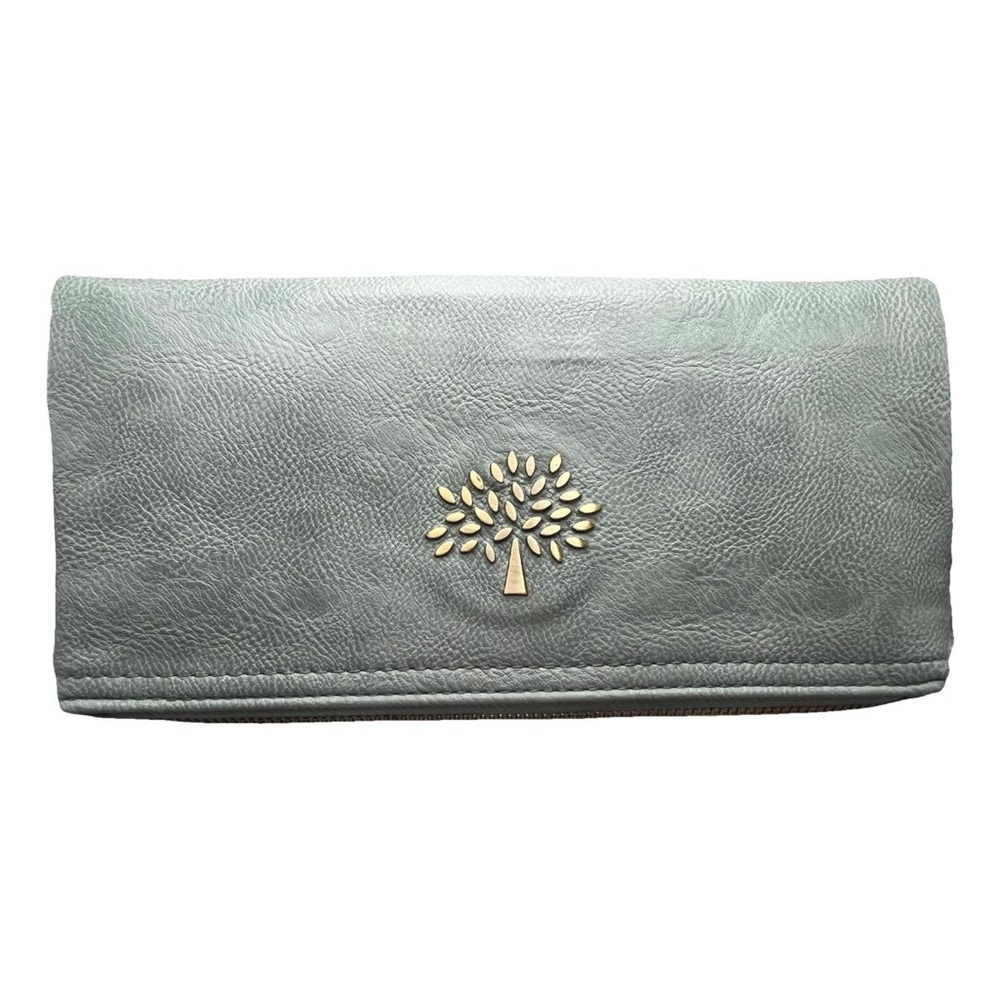 Mulberry knock off Soft Green pleather Foldover Clutch with Gold Tree Emblem